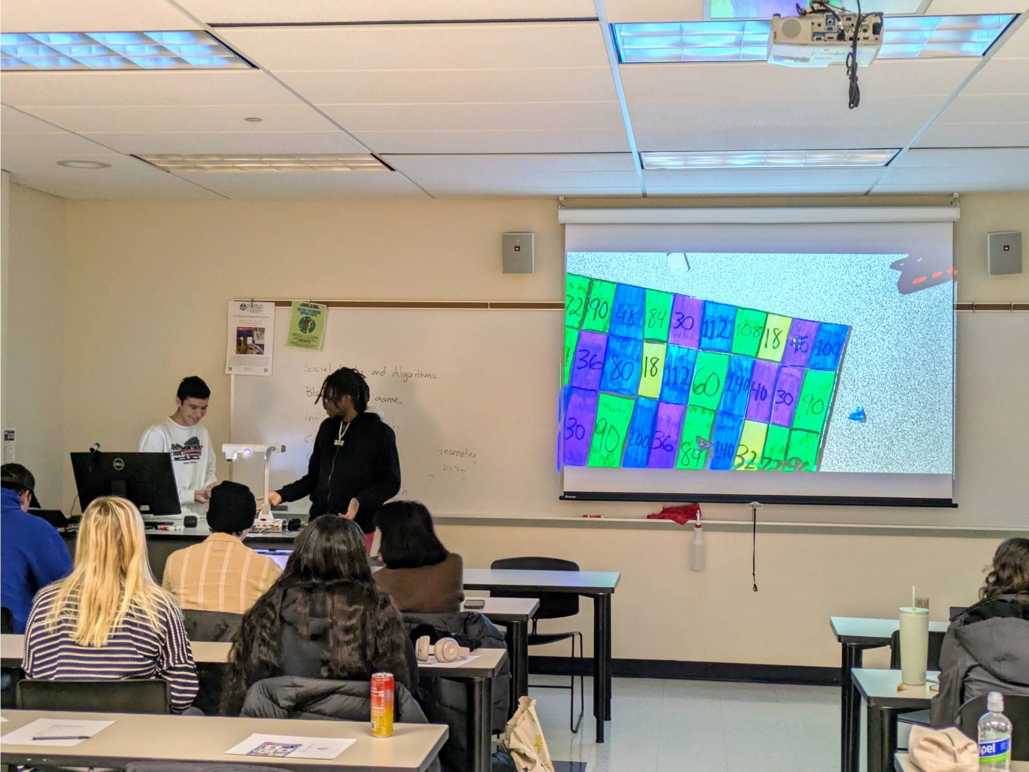Students presenting on a screen in a classroom